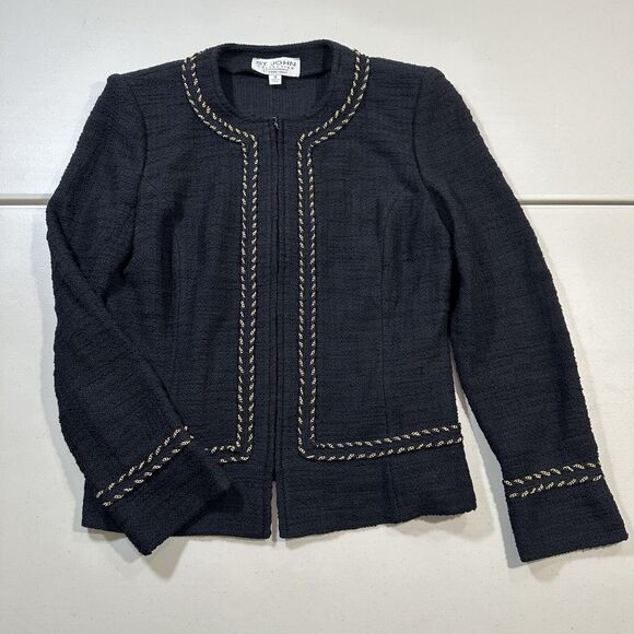 St. John Jackets & Blazers - St John Collection By Marie Gray Knit Blazer Size 10 Black Gold Chain Zip Up